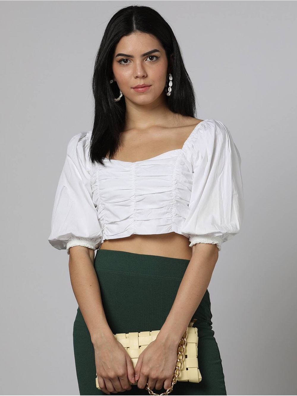 Urban Outfitters White Ruched Puff-Sleeve Cropped Top - Women